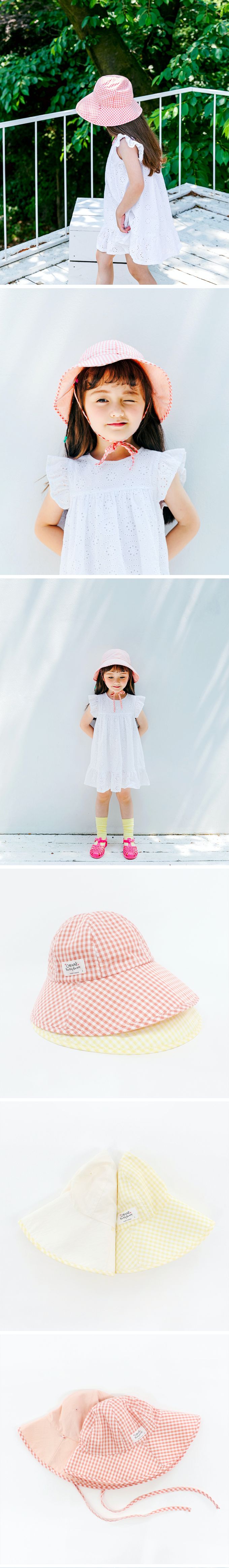 韓國 Chenny Bong Bong - 兒童雙面用小格綁帶漁夫帽-粉橘