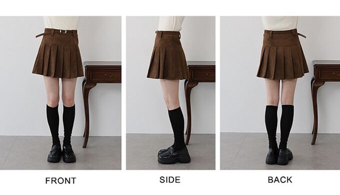 日本 BLUE EAST - 時髦麂皮百褶迷你短裙(附皮帶)-咖啡