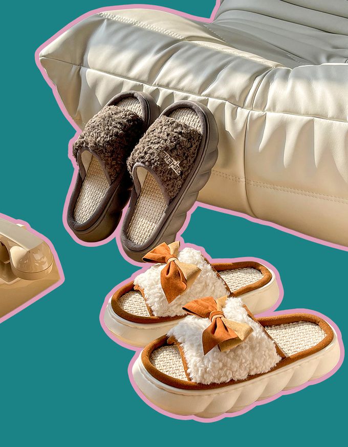 厚底海綿感亞麻室內拖鞋-英文字母-咖啡色