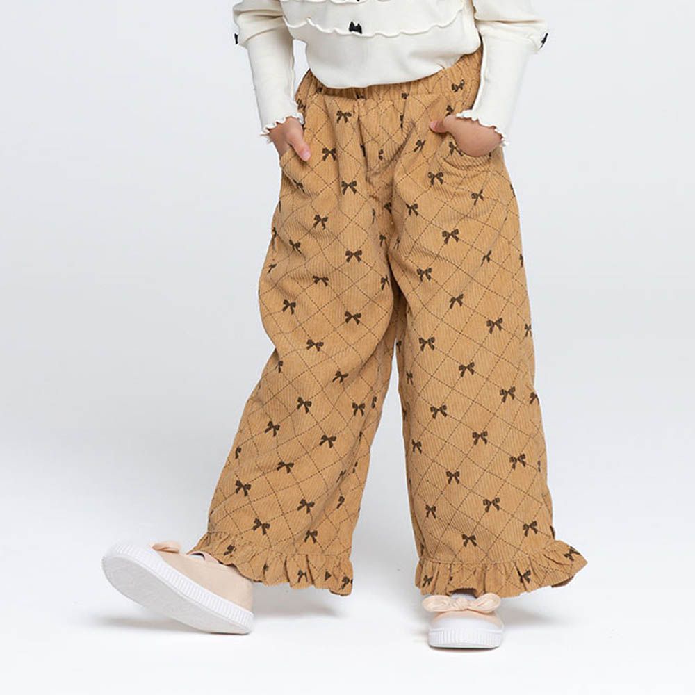 鬆緊腰蝴蝶結圖案燈芯絨長褲-摩卡咖