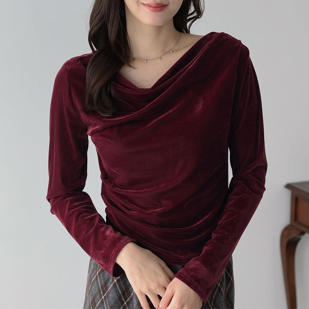 優雅絲絨垂墜感皺摺長袖上衣-酒紅 (M)