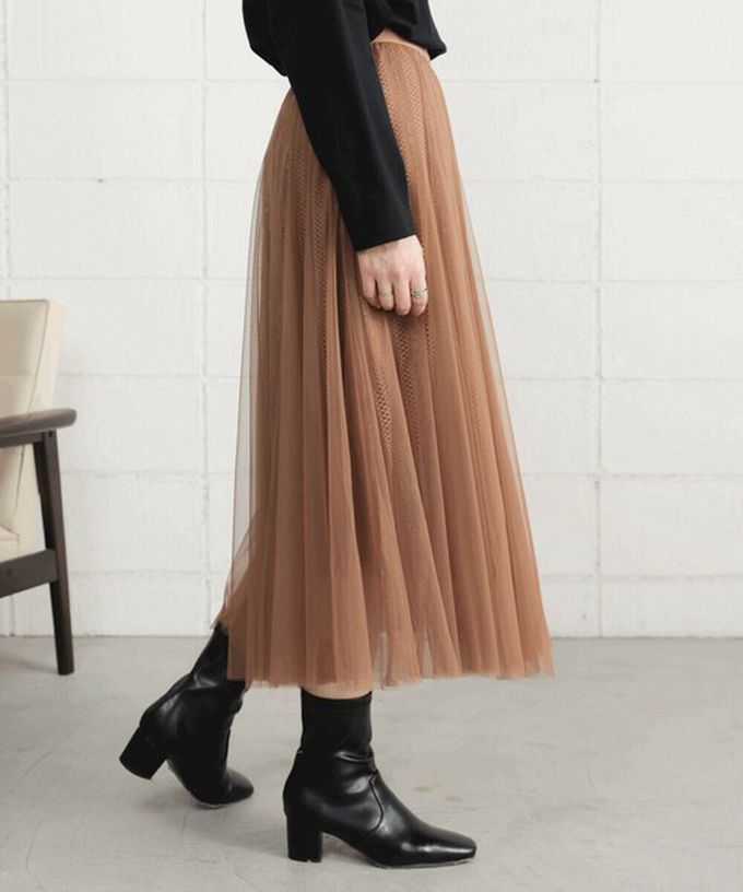 日本 Bab - 華麗優雅層次緹花鬆緊紗裙-質感黑