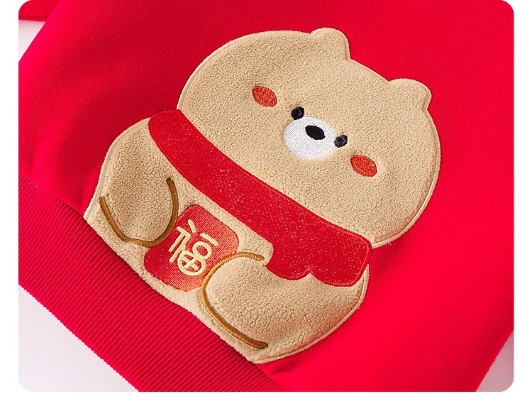 加絨喜氣洋洋長袖上衣-福氣熊熊-紅色