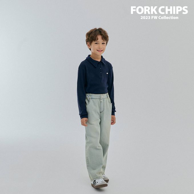 韓國 FORK CHIPS - 金屬裝飾直坑條翻領長袖上衣-深藍