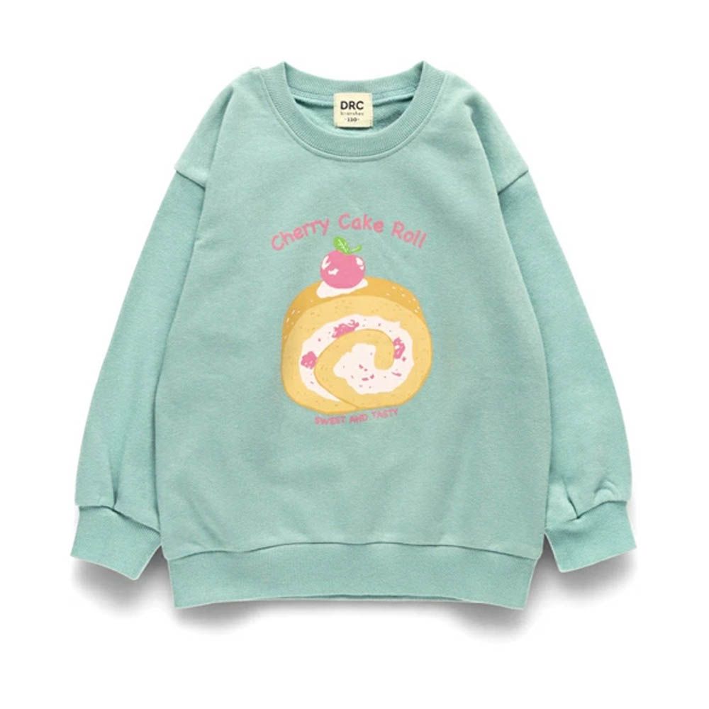 可愛女孩印花縮口長袖上衣-草莓蛋糕-藍綠