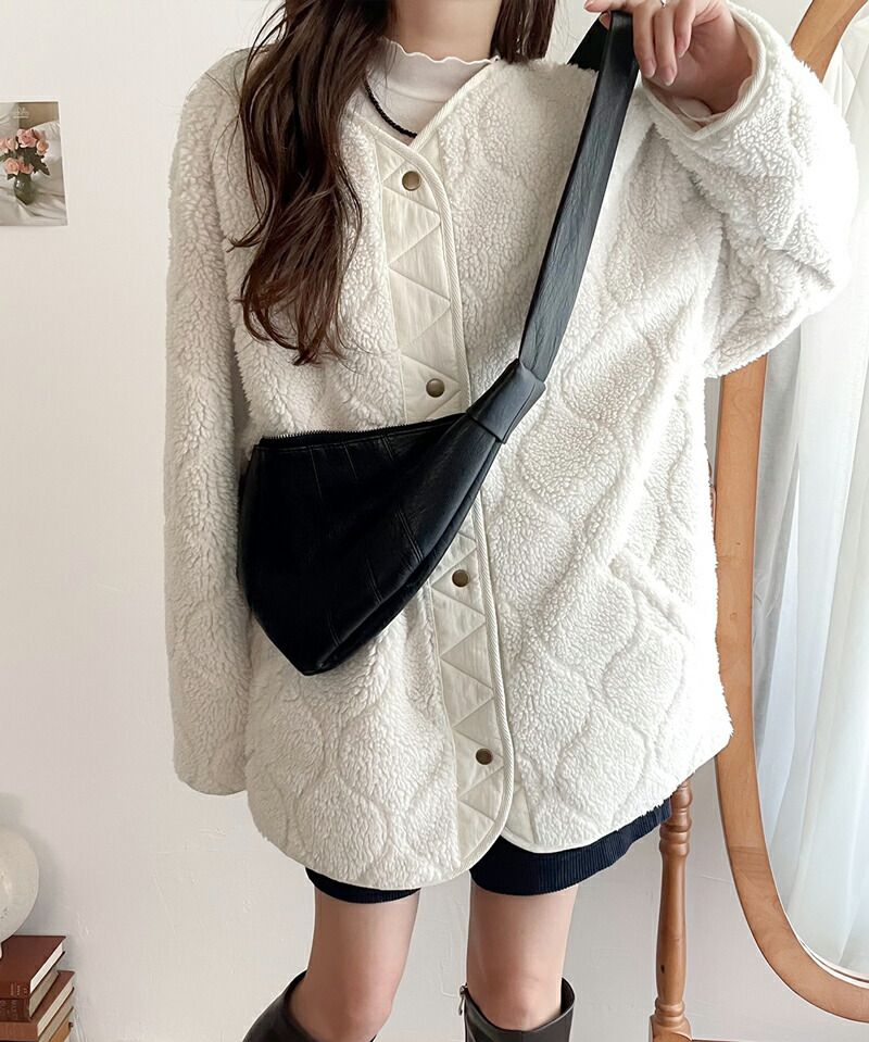 日本 Classical Elf - 寬版絎縫短絨毛呢外套-黑