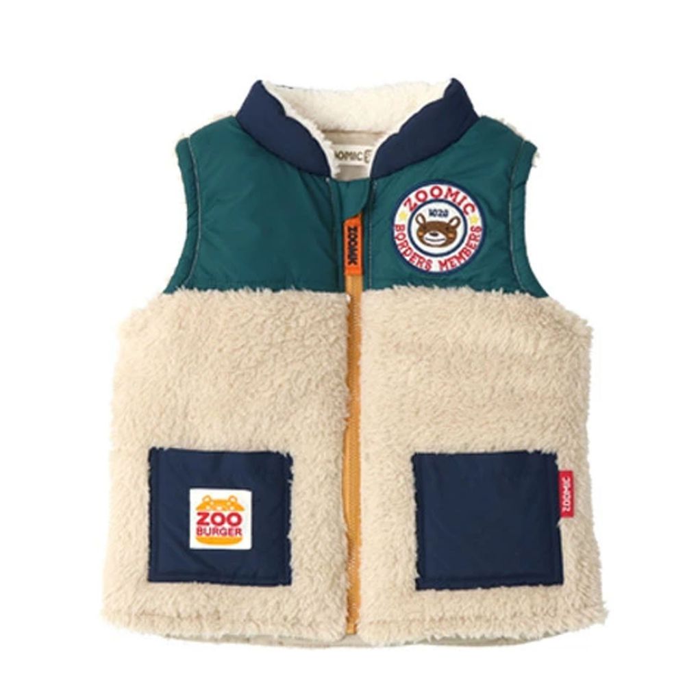 日本 ZOOLAND - 刷毛拼接鋪棉保暖背心-小熊徽章-綠米