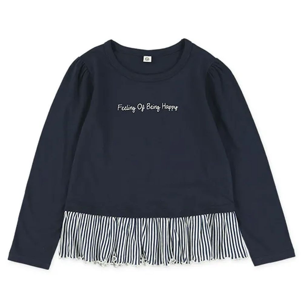 可愛感下擺拼接長袖上衣-英文字-海軍藍