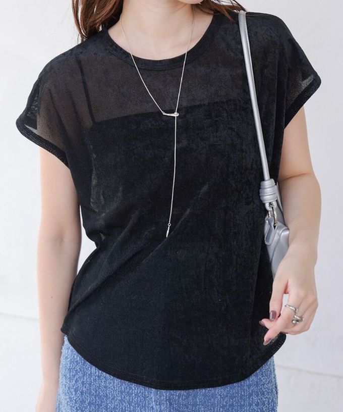 日本 Bab - 微透輕盈天鵝絨法式袖上衣-橘 (M)