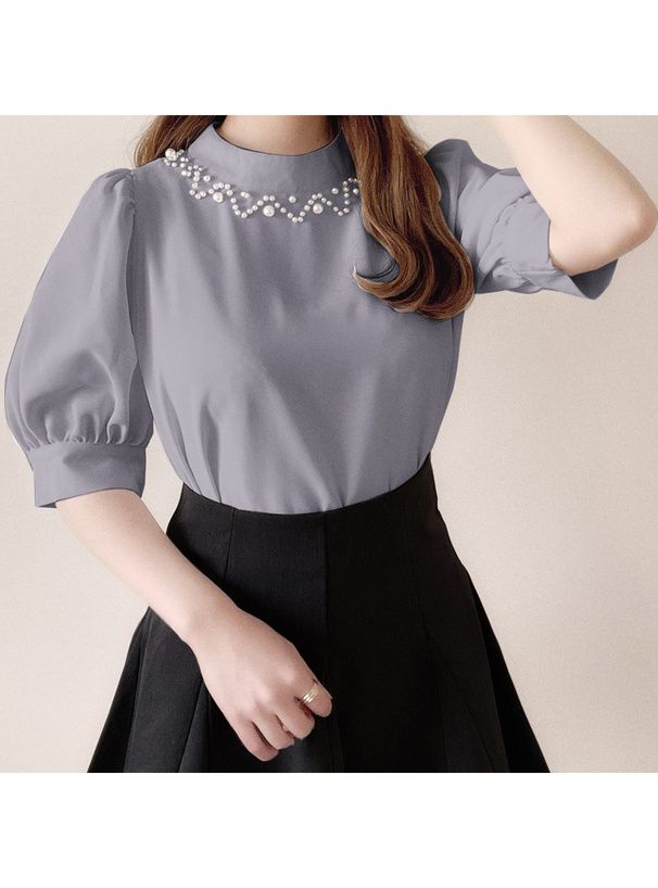 日本 GRL - 優雅珍珠點綴圓領澎澎袖上衣-淺米杏 (F)