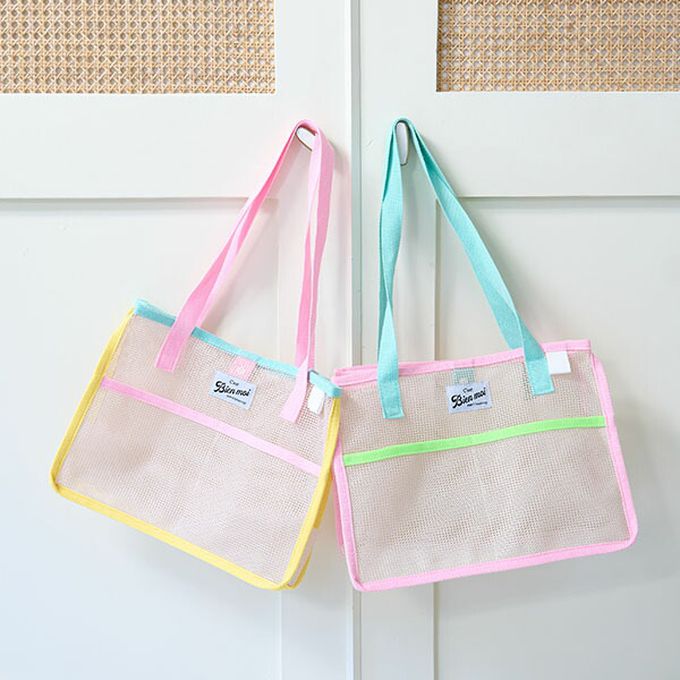 日本 Lycee mine - 粉嫩配色網格玩水包/游泳包-黃x粉紅 (26.5x35x20.5cm)