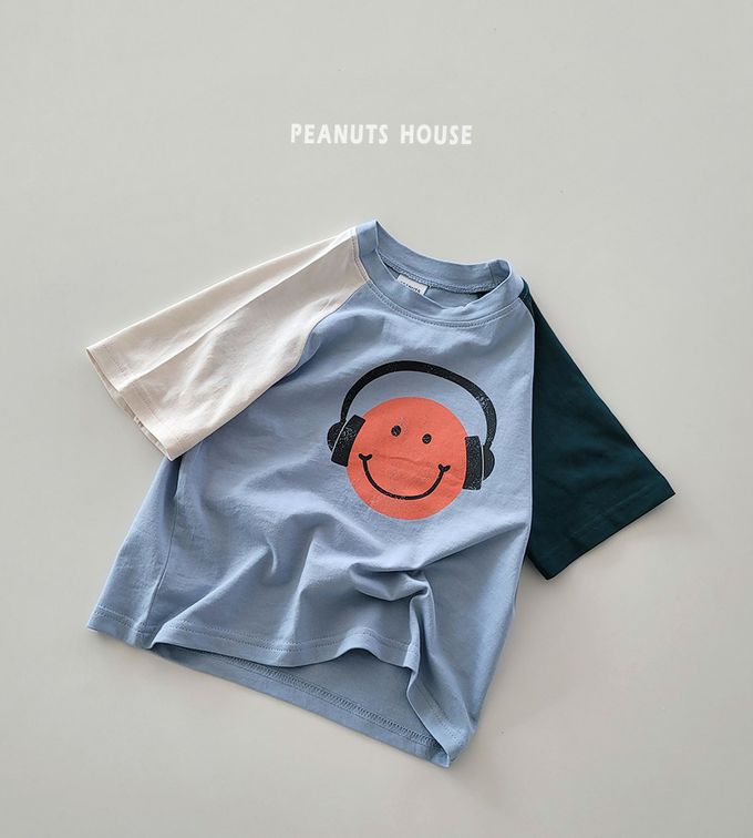 韓國 Peanuts House - 純棉拼色圓領短袖上衣-笑臉耳機-米X淡粉X紅