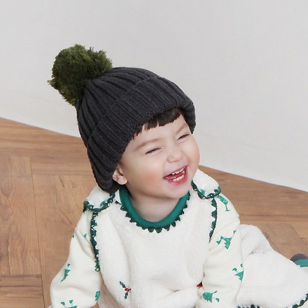 韓國 Babyblee - 大毛球針織毛線帽-深灰 (FREE)