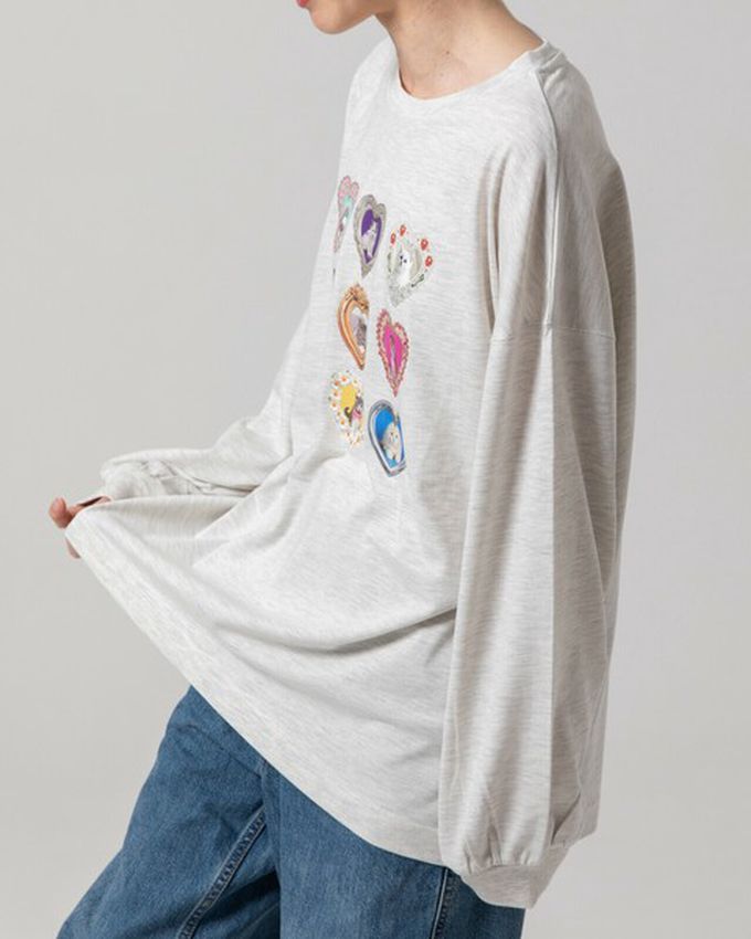 日本 gleam - 可愛貓咪相框寬版長袖T恤-白