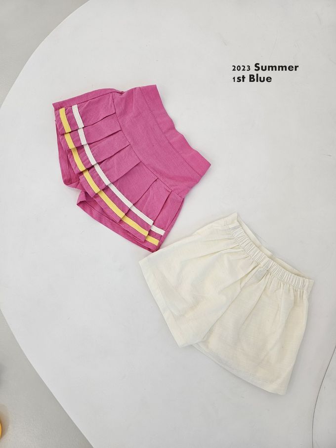 韓國 First Blue - 鬆緊腰運動風百摺褲裙-桃紅