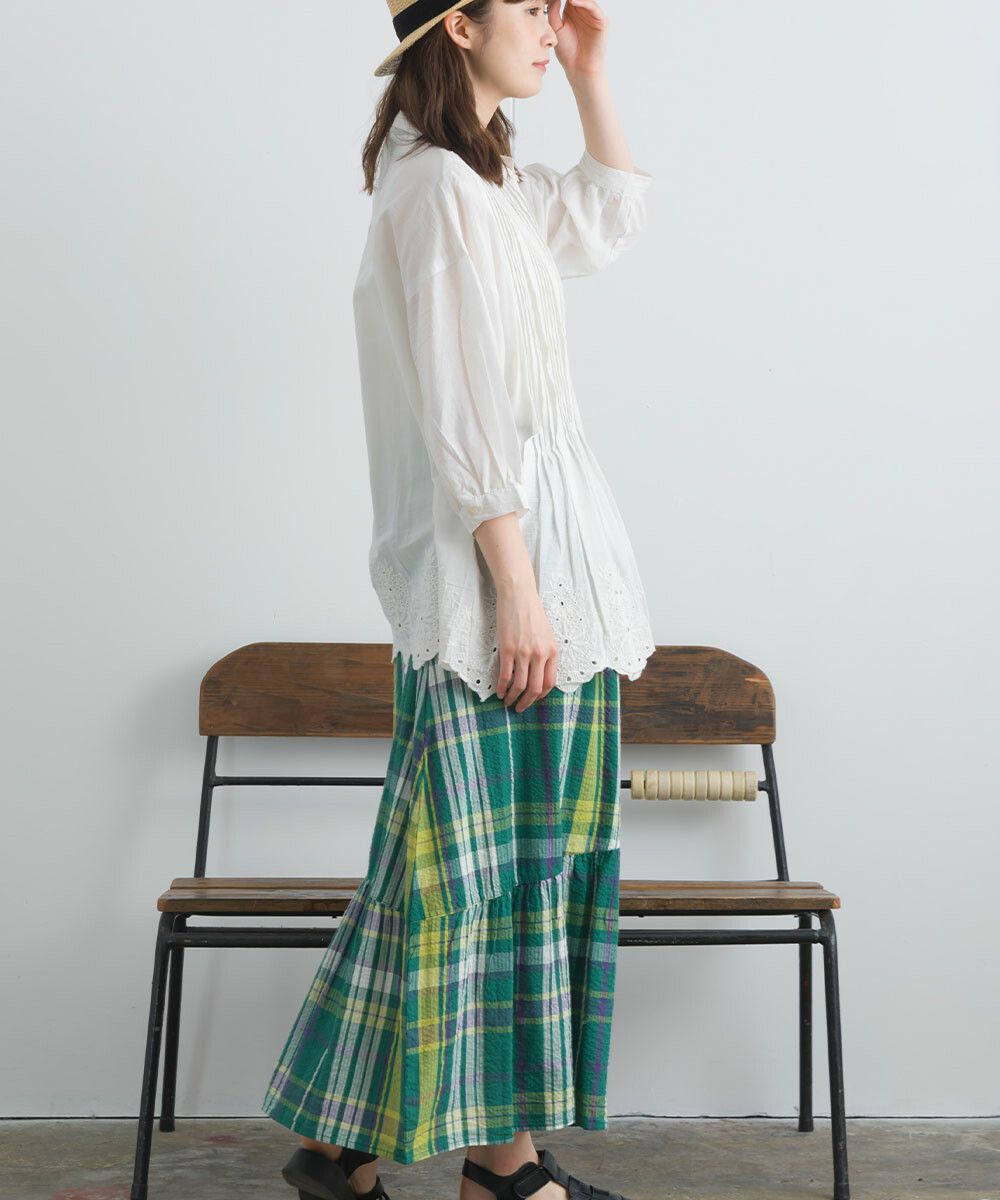 日本女裝代購 - 100%印度棉 超透氣飄逸長裙-大格紋-淺米杏