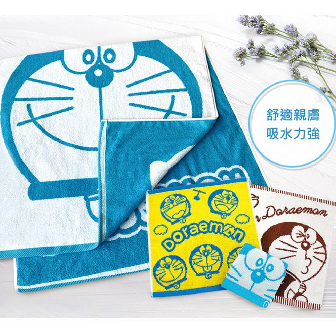 MORINO - (典藏9條優惠組)哆啦A夢 吸水速乾緹花純棉小方巾-啾咪+百變表情+好心情-藍白+黃藍+咖啡-3款3色
