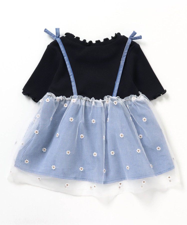 日本 apres les cours - 花朵刺繡拼接夢幻短袖上衣-嫩綠x黑