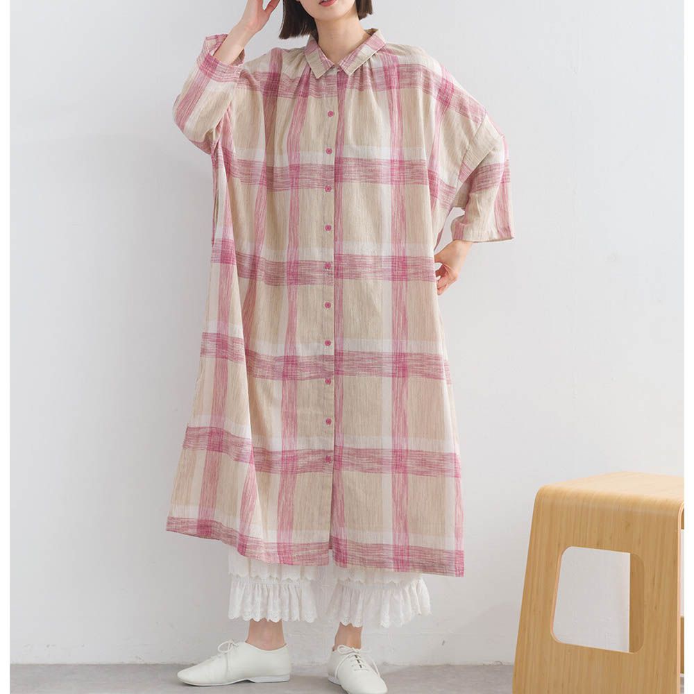 休閒率性格紋七分袖襯衫洋裝-粉紅x卡其