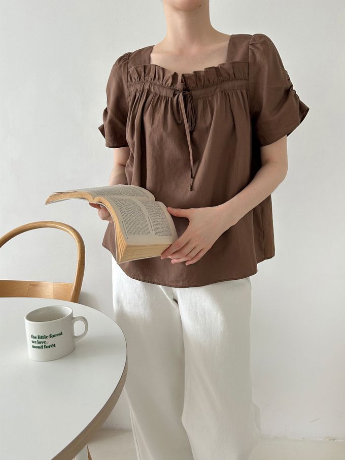 韓國女裝連線 - 波浪方領棉麻短袖上衣-白 (FREE)