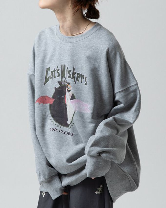 日本 gleam - 裏毛寬版天使惡魔貓咪印花大學T-深藍