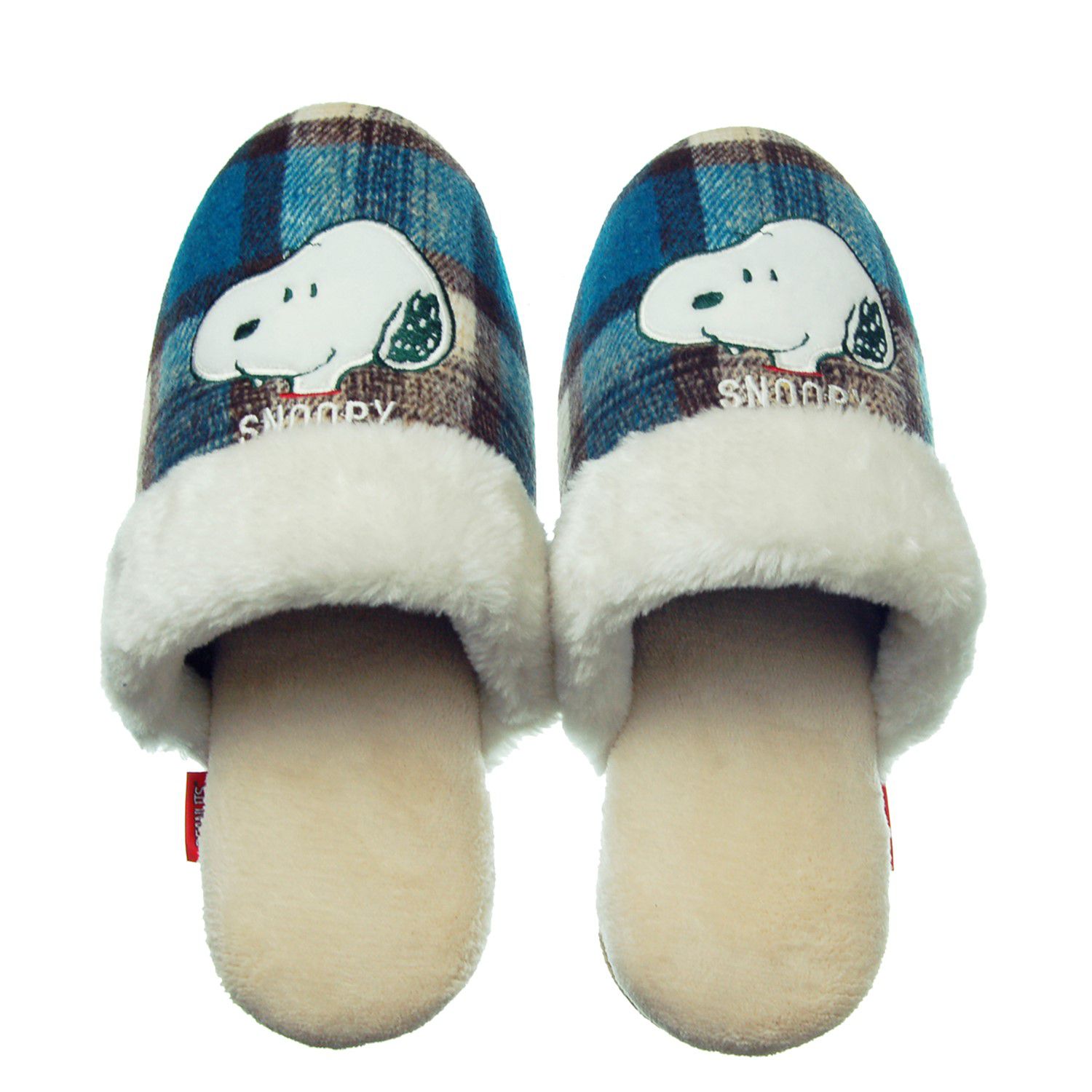 日本千趣會 - 史努比 毛絨絨拼接室內拖-紅格紋 (22-24cm)