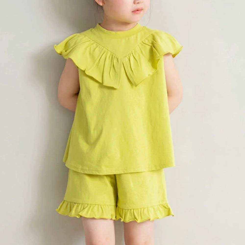 俏皮荷葉大翻領短褲套裝-黃