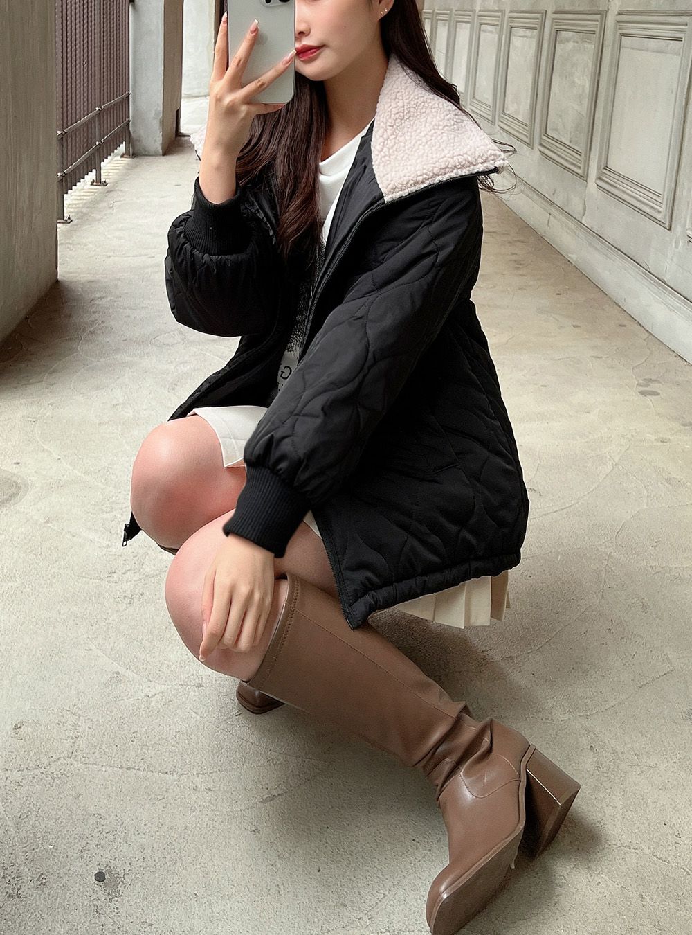 日本 GRL - 絎縫翻領鋪棉保暖外套/大衣-黑