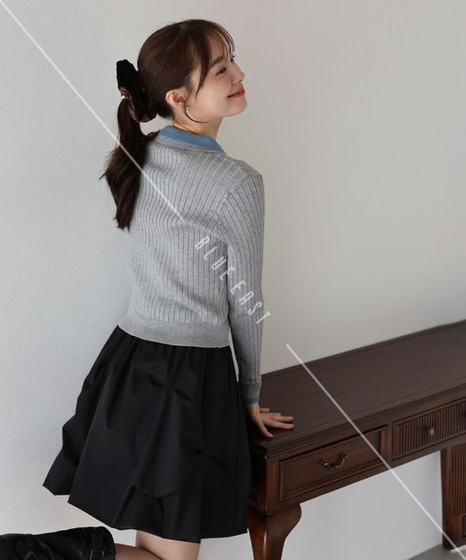 日本 BLUE EAST - 撞色雙層領針織polo長袖上衣-深灰x粉紅 (M)