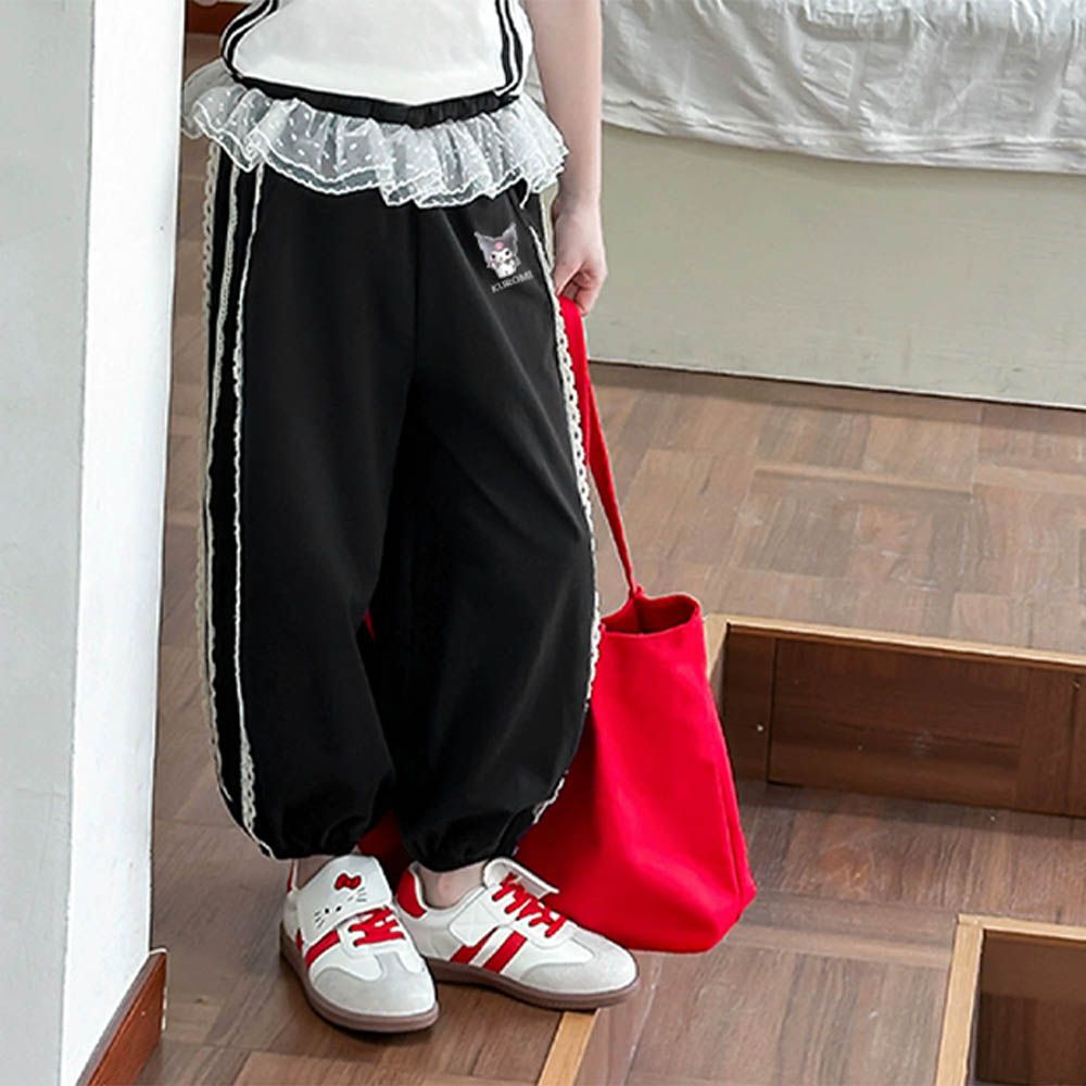 雙層蕾絲花邊休閒長褲-卡通人物酷洛米-黑色