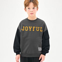 韓國 Jelispoon - JOYFUL拼色長袖大學T-深灰X黑