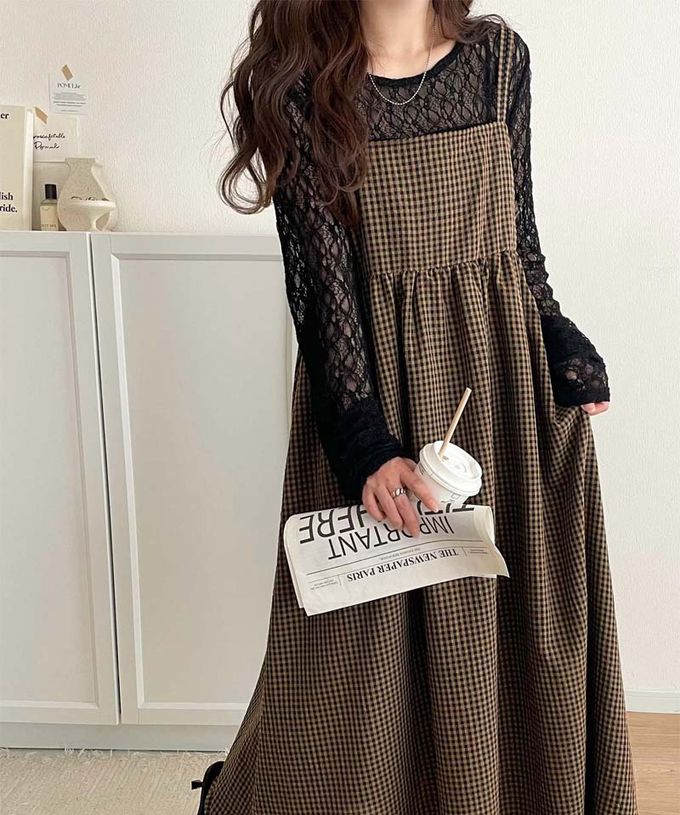 日本 Classical Elf - 成熟可愛感後綁帶吊帶洋裝-格子-咖啡