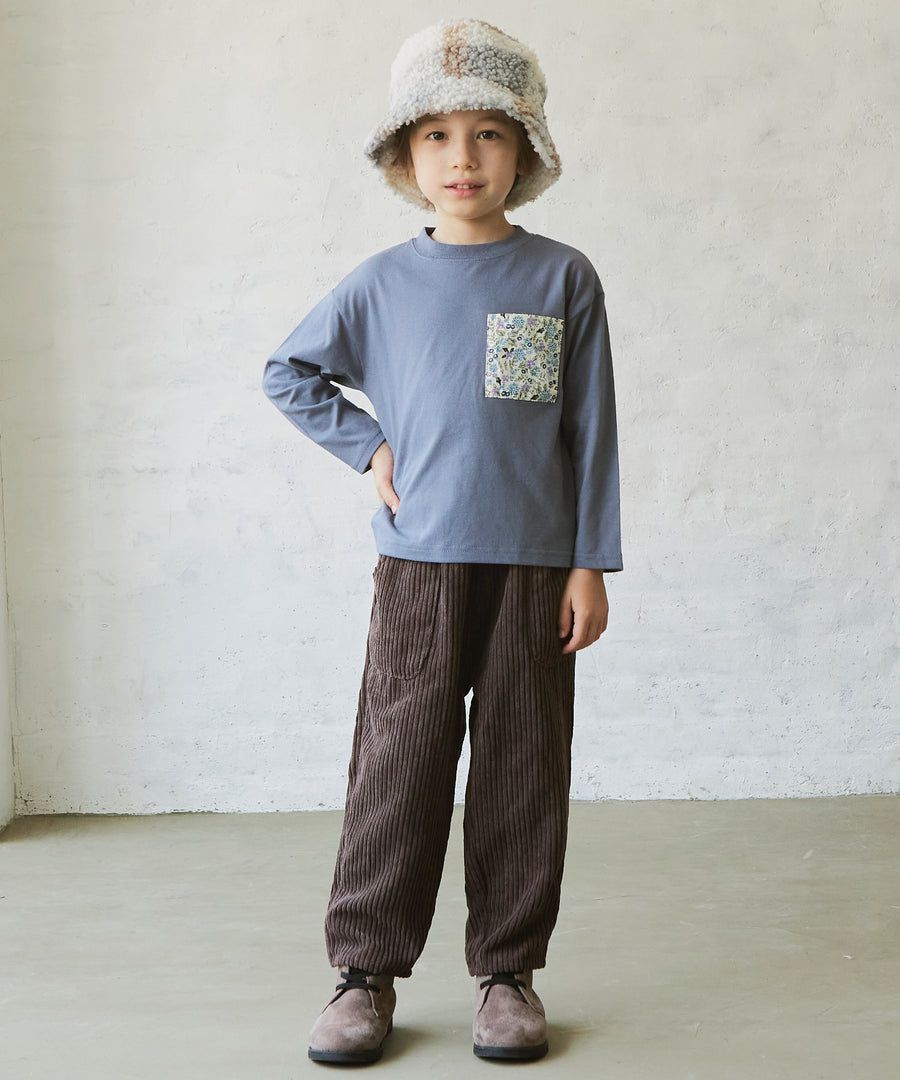 日本 PAIRMANON - 拼接口袋圓領薄長袖上衣-格紋-藍灰