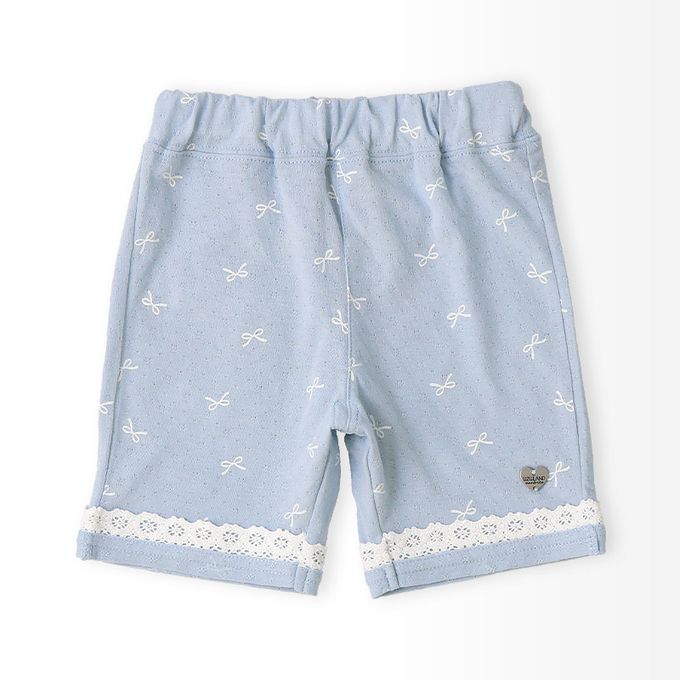 日本 ZOOLAND - 滿版蝴蝶結蕾絲滾邊短褲-貝殼口袋-淺藍