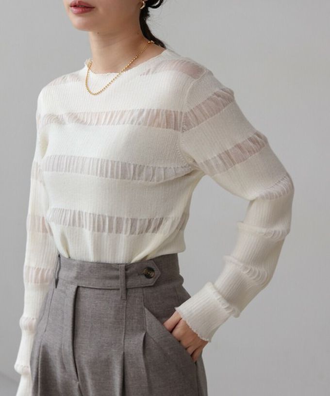 日本 Bab - 魅力條紋透膚針織長袖上衣-米白