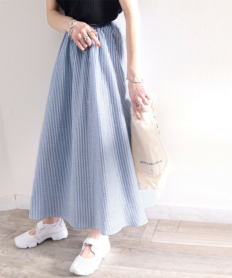 日本 Classical Elf - 春日休閒百搭長裙-直條紋-水藍