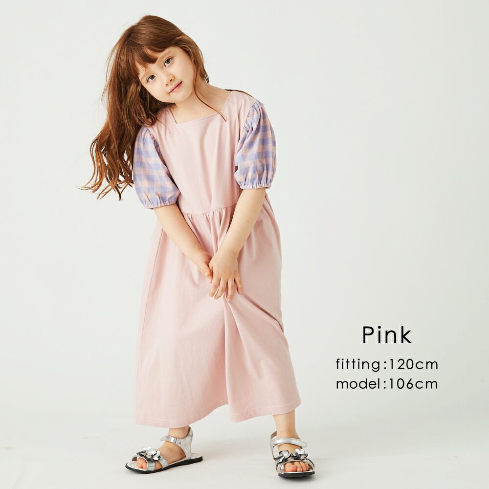 日本 evercloset - 溫柔方領格子袖長版洋裝-紫粉紅