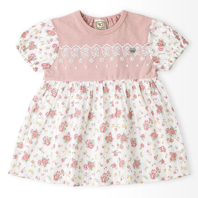 日本 ZOOLAND - 甜美花卉胸前蕾絲短袖洋裝-粉紅