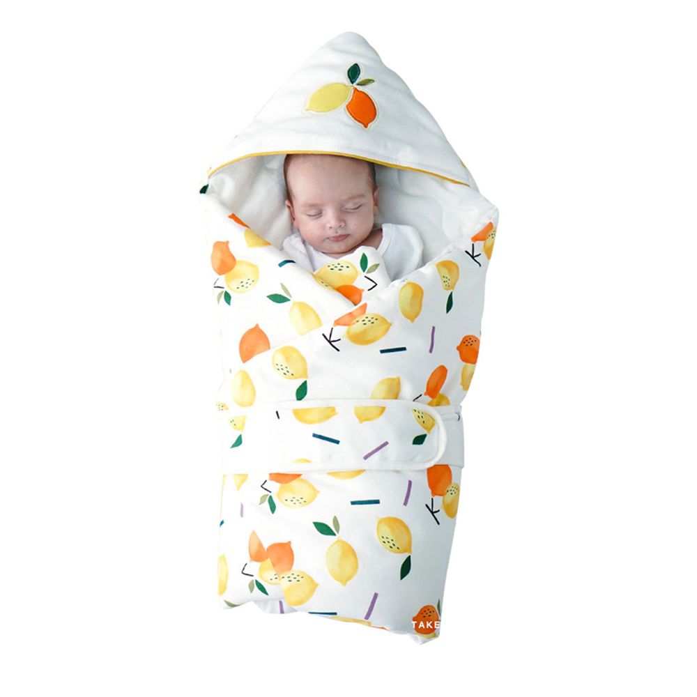 Muslin Tree - 秋冬嬰兒連帽抱被 全棉新生兒包巾/蓋被(附腰帶)-雙色檸檬 (90*90cm)
