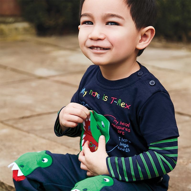 英國 JoJo Maman BeBe - 保暖100%純棉長褲-呆呆恐龍