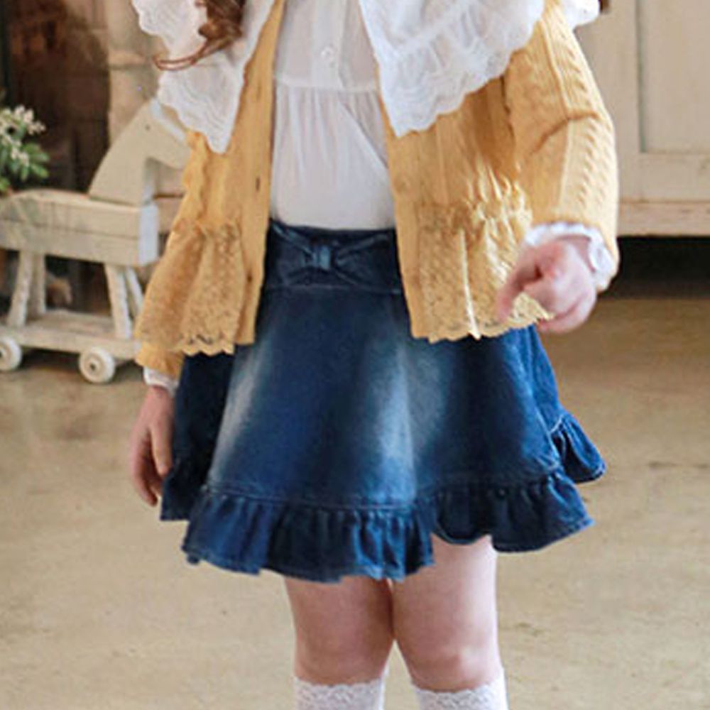 韓國 PuellaFLO - (剩9,13號))蝴蝶結荷葉裙襬刷白單寧短裙-深藍