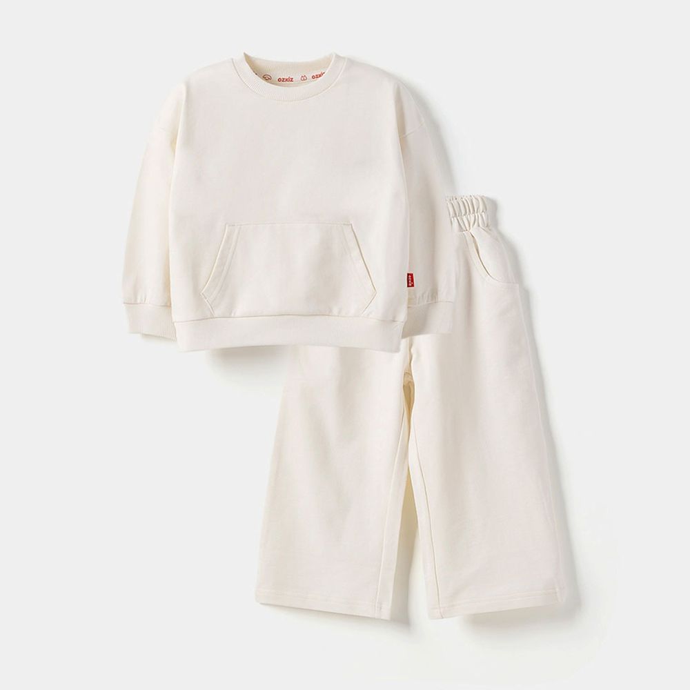 極簡口袋純棉休閒長袖套裝-象牙白
