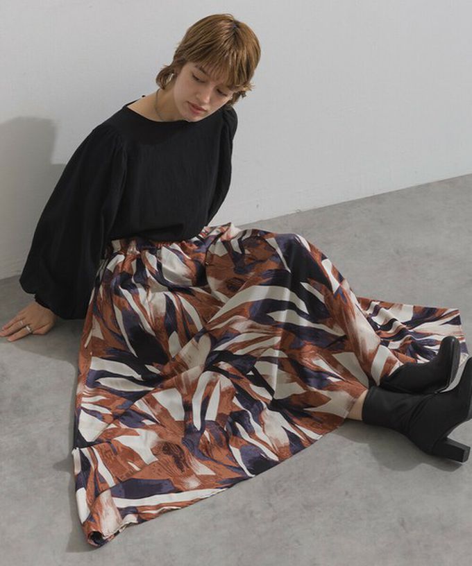 日本 Lupilien - 油畫線條感印花飄逸長裙(附口袋)-綠棕系