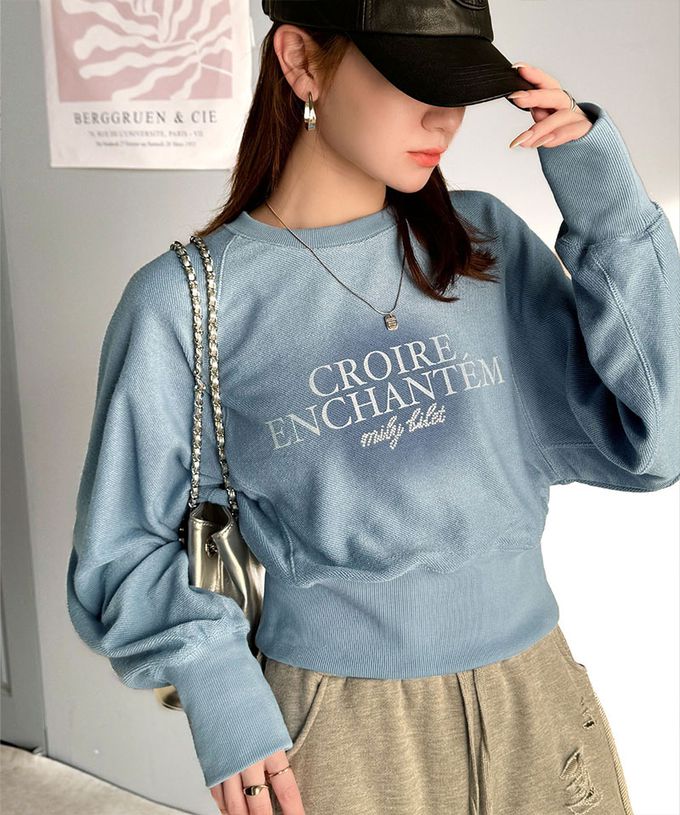 日本 Classical Elf - mily bilet 低調水鑽字母束腰短版上衣-藍