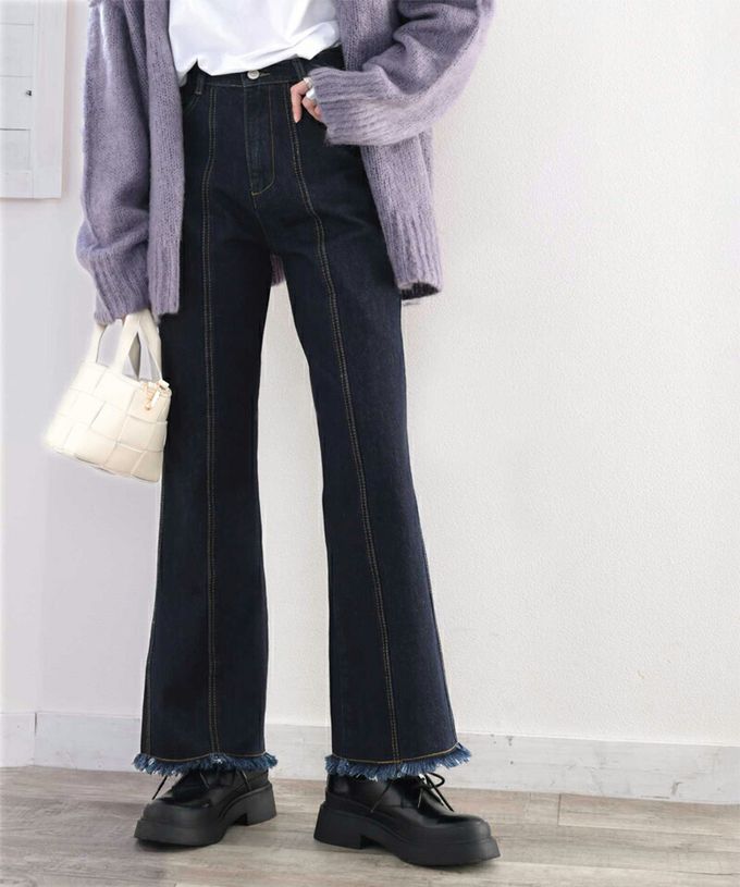 日本 Classical Elf - 顯瘦美腿彈性微喇叭長褲-深藍