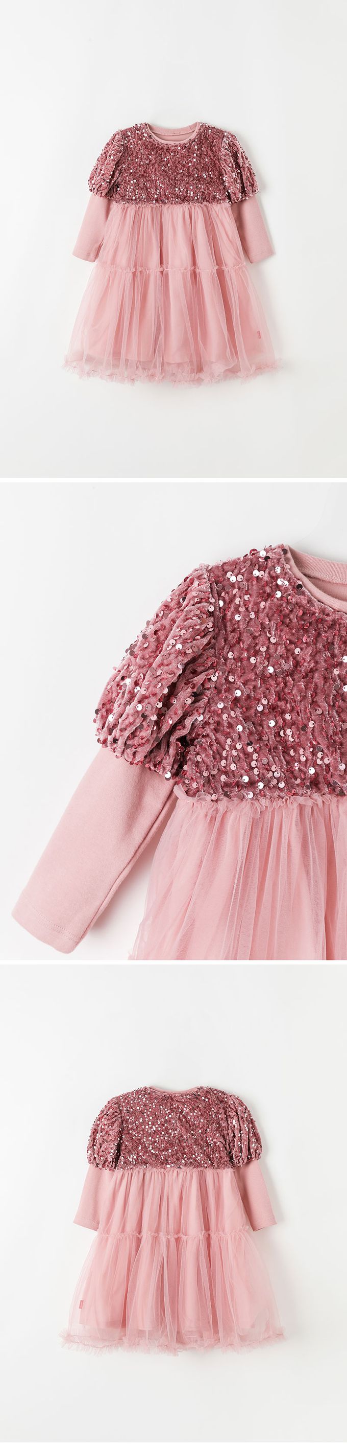 韓國 OZKIZ - 天鵝絨亮片點綴公主網紗洋裝-粉