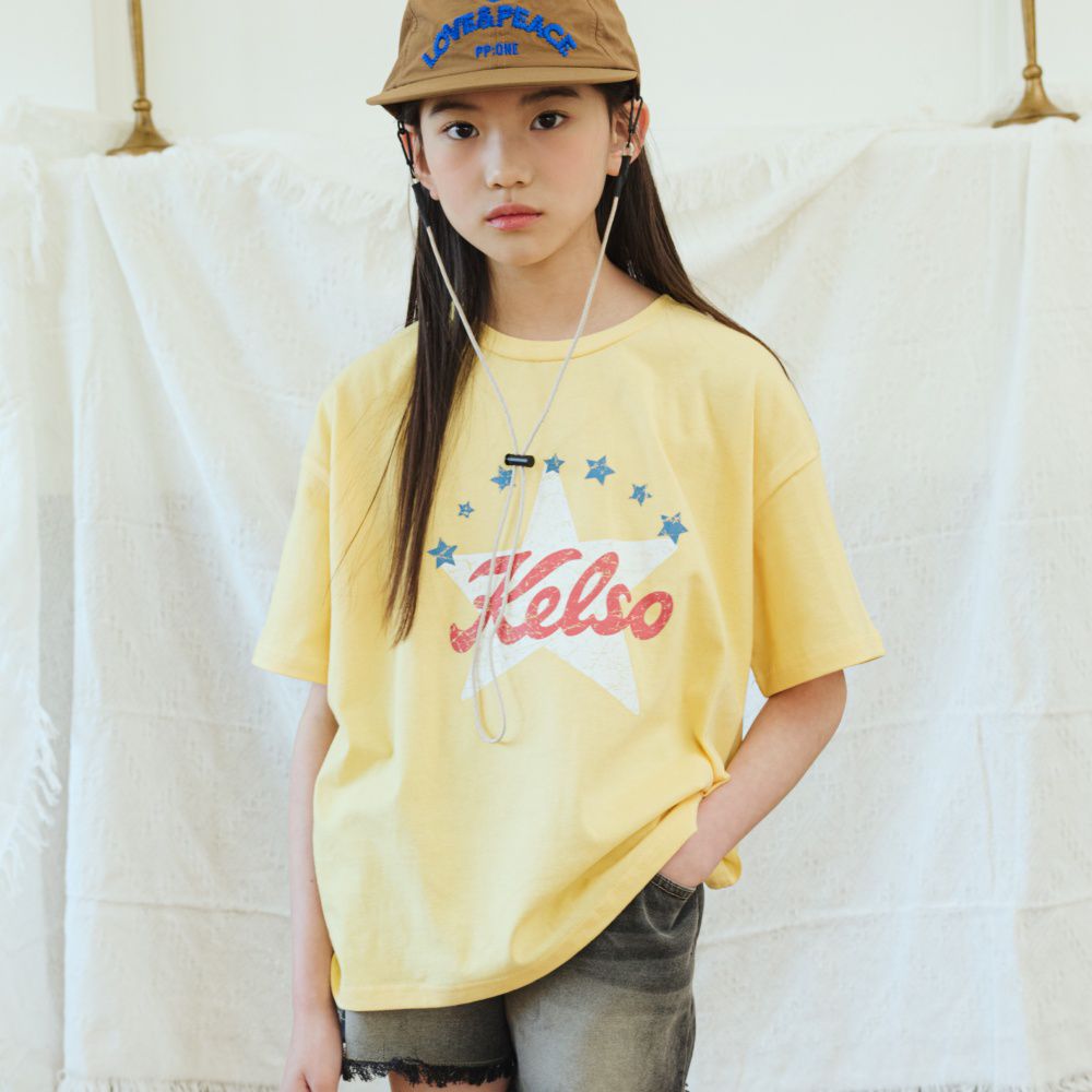 sm2 復古星星印刷純棉短袖上衣-淺黃