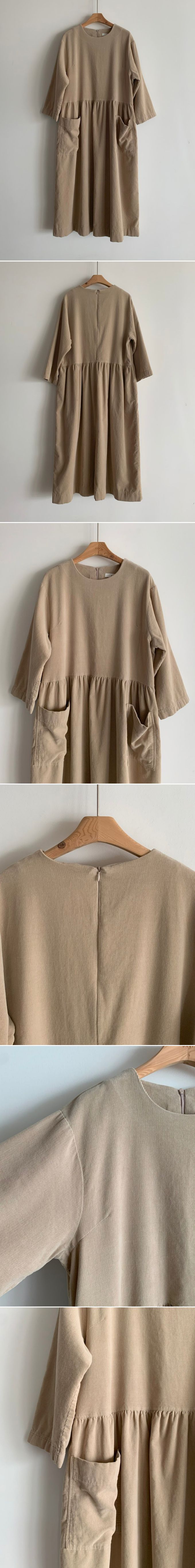 韓國女裝連線 - 極簡大口袋燈芯絨連身洋裝-米杏 (FREE)