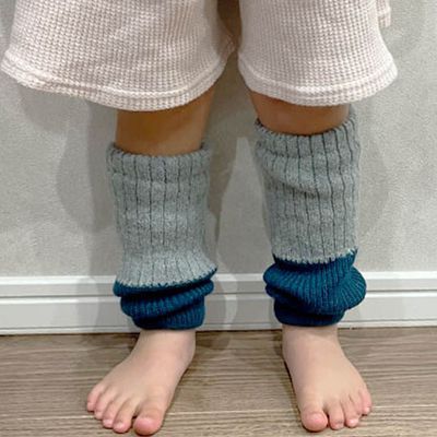 日本代購 - 日本製 羊毛混絲綢保暖兒童襪套-土耳其藍x灰 (F)
