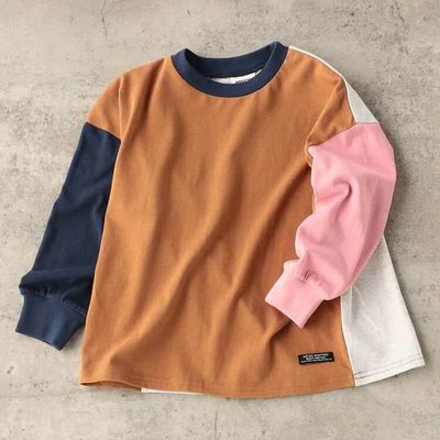 日本 BREEZE - 100%棉 定番款搭縮口長袖上衣-撞色-棕X粉紅X藍